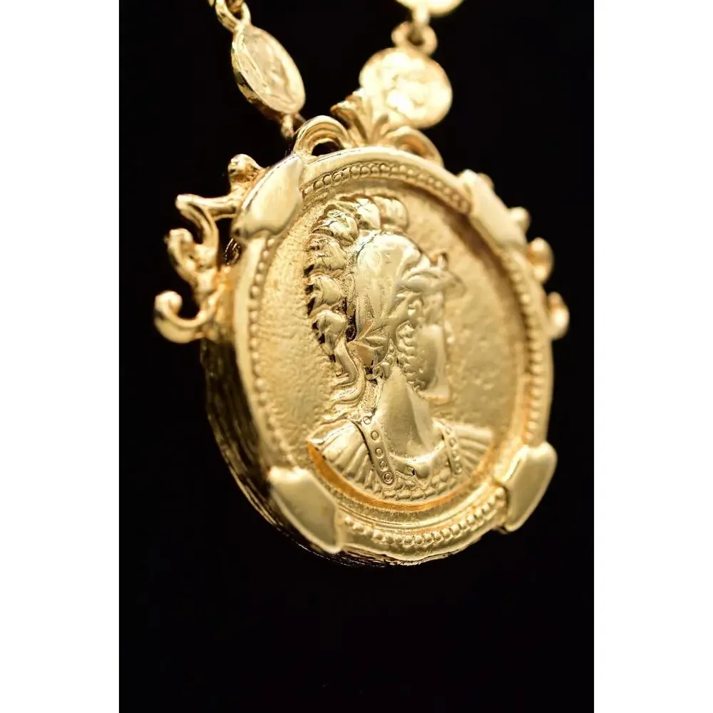Vintage Open Bezel Crystal Coin Necklace Station Pearl Chain Gold 1980s BinBN